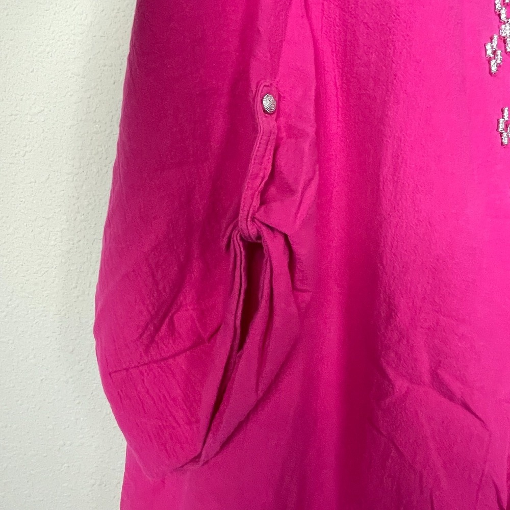 Susan Graver Pink Beaded‎ Top 1X Roll-Tab Sleeve Casual Cotton Coastal Everyday - Picture 5 of 7